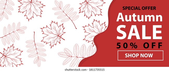 Autumn sale text banners for September shopping promo or autumnal shop discount. Vector maple and oak acorn leaf foliage, mushroom and berry for discount design of leaflet or web banner