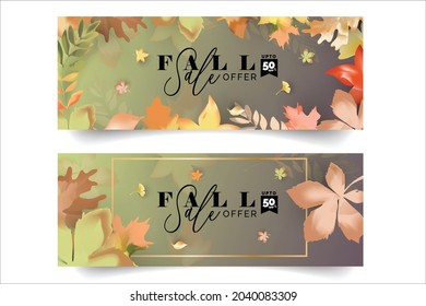 Autumn sale text banners for September shopping promo or 50% autumnal shop discount. Vector maple and oak acorn leaf foliage, mushroom and berry for discount design of leaflet or web banner.