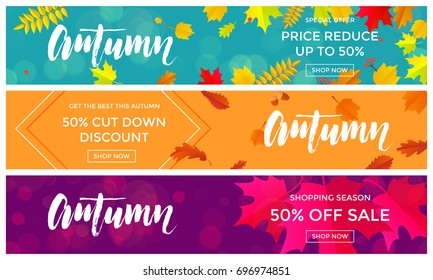 Autumn sale text banners for September shopping promo or 50% autumnal shop discount. Vector maple and oak acorn leaf foliage, mushroom and berry for discount design of leaflet or web banner.