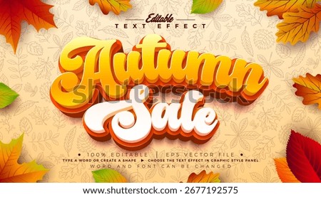 Autumn Sale Text Effect Design Editable and Scalable Vector Graphic Style with Shadow and Falling Leaves on Hand Drawn Doodle Background. Autumnal Shopping Day Typography Lettering Template