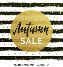 Autumn sale text golden banner for September shopping promo or autumnal shop discount. Vector gold dot and stripe lines pattern, background for discount design of leaflet or web banner.