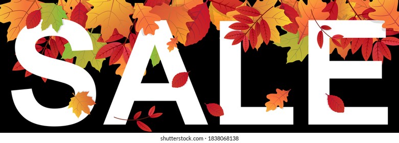 Autumn sale text with leaves. Promotion banner with colorful leaves on black background. Black friday poster. Season price off wallpaper. Faling leaf template. Vector illustration. EPS 10