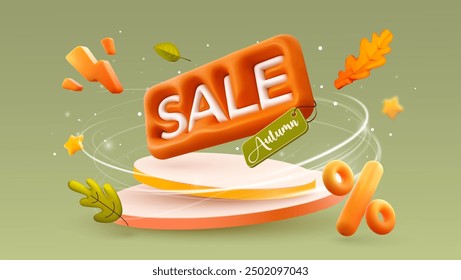 Autumn sale text on podium with falling leaves, discount tags. Pedestal, Fall sale advertising banner. Thanksgiving or seasonal marketing materials. Vector illustration. 3D design.