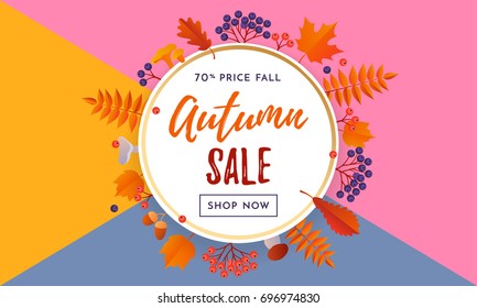 Autumn sale text poster template for September shopping promo or 70% autumnal shop discount. Vector maple and oak acorn leaf foliage on blue sky background for discount design of leaflet or web banner