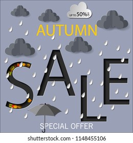 Autumn sale text vector banner with colorful seasonal fall leaves in orange background for shopping discount promotion. Vector illustration.