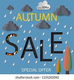 Autumn sale text vector banner with colorful seasonal fall leaves in orange background for shopping discount promotion. Vector illustration.