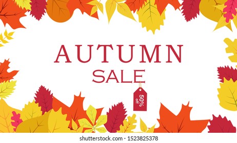 Autumn sale text vector banner with colorful seasonal fall leaves in white background for shopping discount promotion.