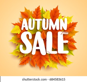 Autumn sale text vector banner with colorful seasonal fall leaves in orange background for shopping discount promotion. Vector illustration.
