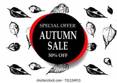 Autumn sale text vector banner with black and white seasonal fall leaves in white and red background for shopping discount promotion. Vector illustration.