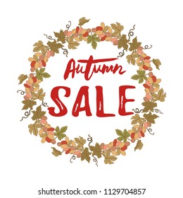 Autumn sale text. Vector illustration, Autumn sale tag isolated on white background and grapes wreath.