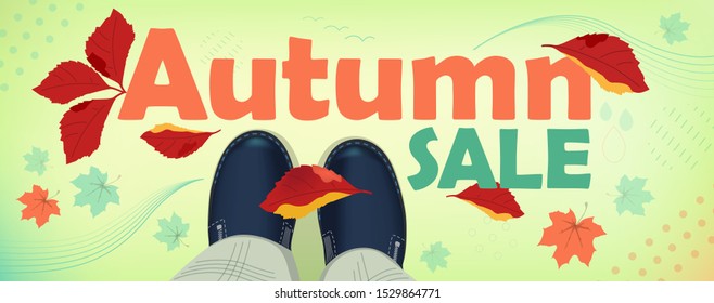 Autumn sale, text and vector illustration, facebook cover or website background. Top view of female legs or baby boots with falling maple and wild grape leaves.