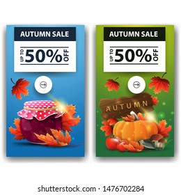 Autumn sale, two discount banners with jar of jam, maple leaves, harvest of vegetables and a wooden sign