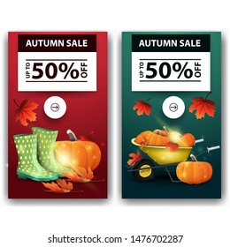 Autumn sale, two discount banners with rubber boots, pumpkin, garden wheelbarrow with a harvest of pumpkins and autumn leaves