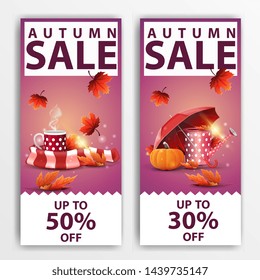 Autumn sale, two vertical discount banners with mug of hot tea, warm scarf, garden watering can, umbrella and ripe pumpkin
