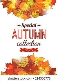 Autumn sale typographical background with foliage and place for text. Vector illustration.