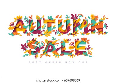 Autumn Sale typography design with abstract shapes and floral elements isolated on white background. Vector illustration. Colorful template for business event. Paper cut berries and leaves