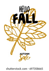 Autumn sale typography flyer template with lettering. Bright fall leaf. Poster, card, label, banner design. Vector illustration EPS10