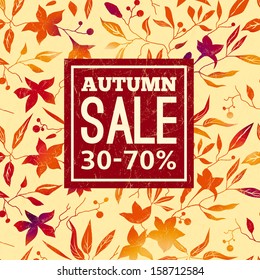 Autumn sale. Vector background with bright orange, red leaves and flowers on a beige background.