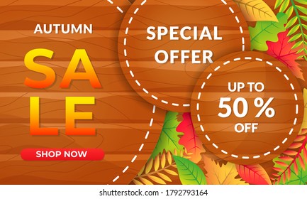 Autumn sale vector background decorate with leaves for holiday sale promo, invitaion card and greeting card. Vector illustration background template with wood concept