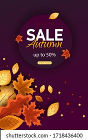 Autumn sale vector background. Autumn sale and discount text in red space with maple leaves in white textured background for fall season marketing promotion. Vector illustration Vertical view.