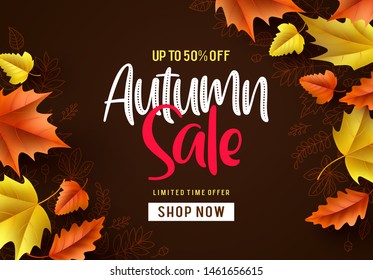 Autumn sale vector background. Fall season banner design with autumn sale and discount text and colorful maple and oak leaves in brown pattern background. Vector illustration.