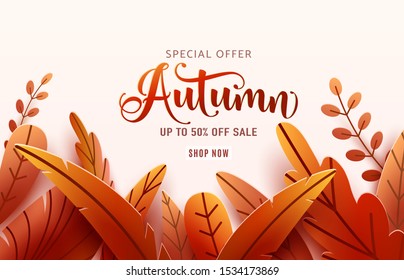 Autumn sale vector background. Fall frame and text offer sign. Red, orange abstract leaves in simple flat paper cut style.