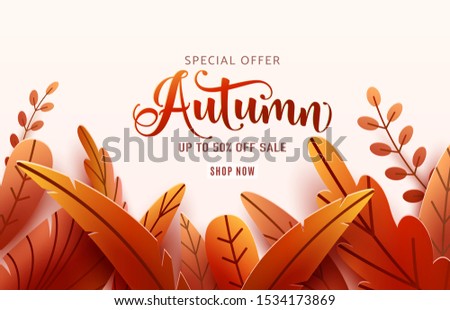 Autumn sale vector background. Fall frame and text offer sign. Red, orange abstract leaves in simple flat paper cut style.