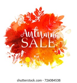 Autumn sale Vector background with ink stamp leaves and painted watercolor splash. Season business discount circle Frame. Hand drawn illustration for banners, posters. Paper art cut design