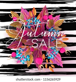 Autumn sale vector background red yellow fall leaves and blueberry, briar berry