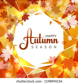 Autumn sale vector background with white circle in middle for text. Leaf falling with golden polygons business backgroun