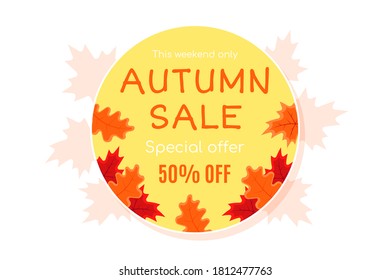 Autumn sale vector banner abstract background design with fall leaves, autumn typography and discount text. Vector illustration isolated on white background