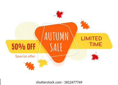 Autumn sale vector banner abstract background design with fall leaves, autumn typography and discount text. Vector illustration isolated on white background