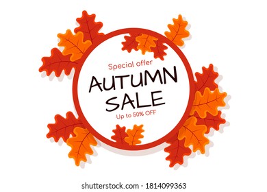 Autumn sale vector banner abstract background design with fall leaves, autumn typography and discount text. Vector illustration isolated on white background