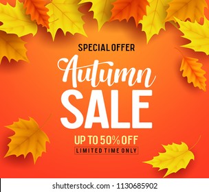 Autumn sale vector banner background with fall leaves elements, autumn typography and discount text in orange background. Vector illustration.
