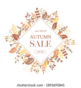 Autumn sale vector banner with colorful leaves, branches and flowers isolated on white background. Design for advertising, promotion, flyer, invitation,card, poster, website