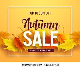 Autumn sale vector banner design with sale and discount text, autumn typography and fall season leaves elements in yellow background. Vector illustration.
