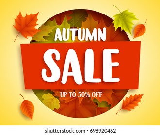 Autumn sale vector banner design in red box with colorful maple leaves elements for fall season marketing promotion. Vector illustration.
