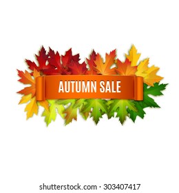 Autumn sale vector banner, label, ribbon, colorful leaves background