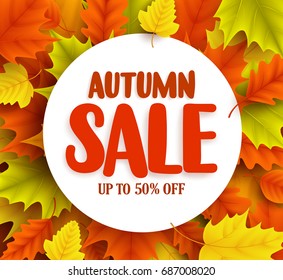 Autumn sale vector banner with maple leaves background and white circle for text for fall season shopping discount promotion. Vector illustration.
