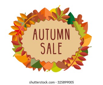 Autumn sale vector banner with orange, green, red, brown foliage in flat style
