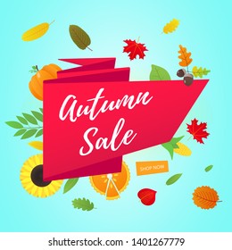 Autumn sale vector banner or poster gradient flat style design vector illustration. Huge red ribbon with text AUTUMN SALE, colored leaves, pumpkin, sunflower, pie and corn isolated on fun background.