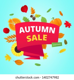 Autumn sale vector banner or poster gradient flat style design vector illustration. Huge red ribbon with text AUTUMN SALE, colored leaves, pumpkin, sunflower, pie and corn isolated on fun background.