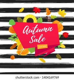 Autumn sale vector banner or poster gradient flat style design vector illustration. Huge red ribbon with text AUTUMN SALE, colored leaves, pumpkin, sunflower, pie and corn isolated on fun background.