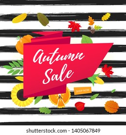 Autumn sale vector banner or poster gradient flat style design vector illustration. Huge red ribbon with text AUTUMN SALE, colored leaves, pumpkin, sunflower, pie and corn isolated on fun background.