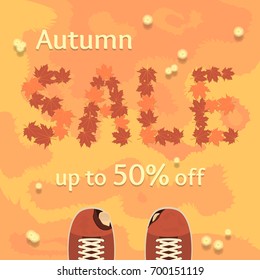 Autumn sale vector banner, poster, flyer. Fresh creative design of sale template. Flat vector illustration with leaves on grass and old ragged shoes.