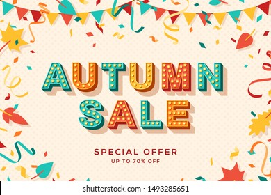 Autumn sale vector banner template. Seasonal shopping event, special discount offer. Gift coupon, fall wholesale cartoon poster layout. Paper garlands and leaves flat illustration with lettering