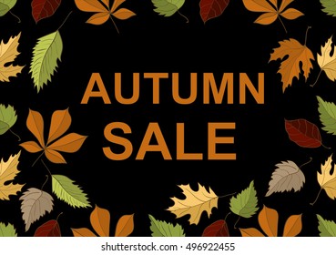 Autumn sale vector concept. Flat design. Colored leaves of variety trees on top and bottom with black background and sample text in the middle. For sale and discount advertising. Product label 