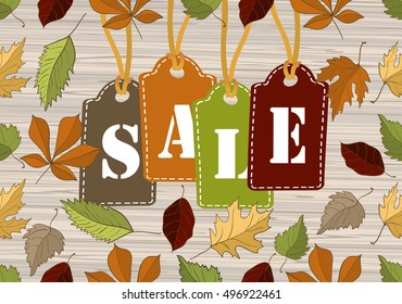 Autumn sale vector concept. Flat design. Colored leaves of variety trees on top and bottom with wooden background and sample text in the middle. For sale and discount advertising. Product label 