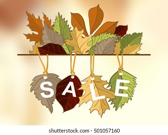 Autumn sale vector concept. Flat design. Colored leaves of variety trees on top and bottom  and sample text in the middle. For sale and discount advertising. Product label