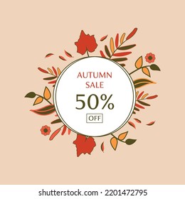 Autumn sale vector flat background decorate with flowers and leaves for store special offer